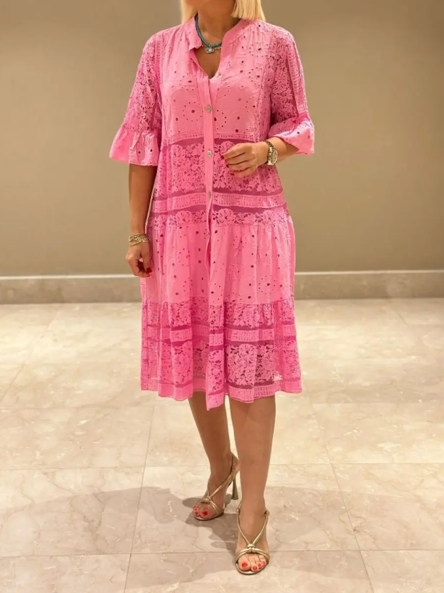 Emberly™ – Locker sitzendes Kleid mit Stickerei und Knopfleiste