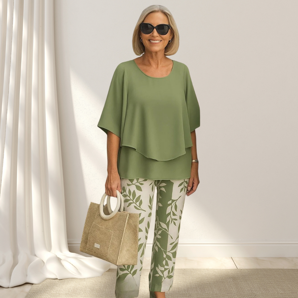 Casira™ - Lässiges Set mit gemusterter Hose und Rundhals-Oberteil für Damen