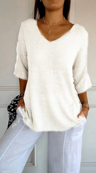 Hannah™ | Einfarbige Strickdamenbluse mit 3/4-Ärmeln und V-Ausschnitt.